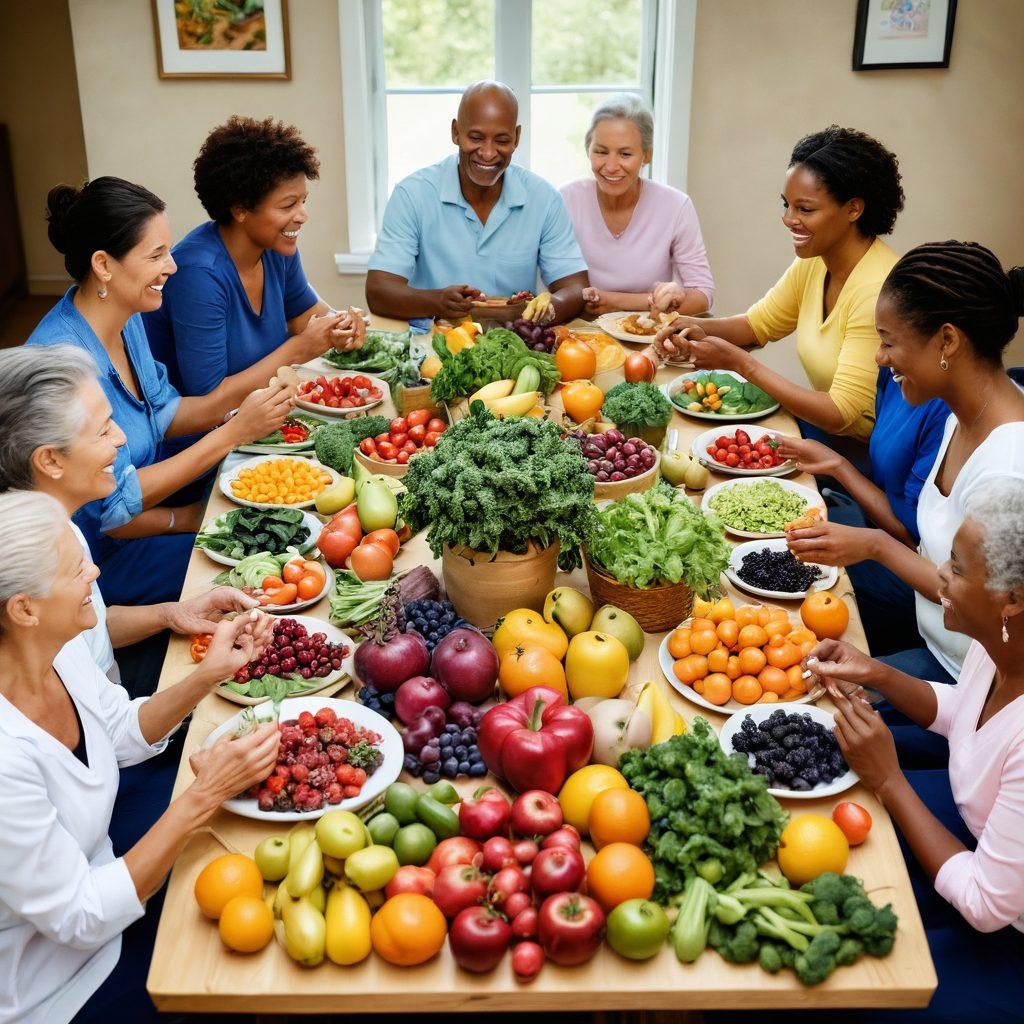 A serene scene depicting a diverse group of cancer survivors engaging in a holistic nutrition workshop. Show colorful fruits and vegetables laid out on a table, with people sharing laughter and knowledge. Add elements of nature like plants and sunlight streaming in to symbolize hope and healing. Incorporate soft, warm colors to evoke a sense of community and support. painting. vibrant colors. natural setting.