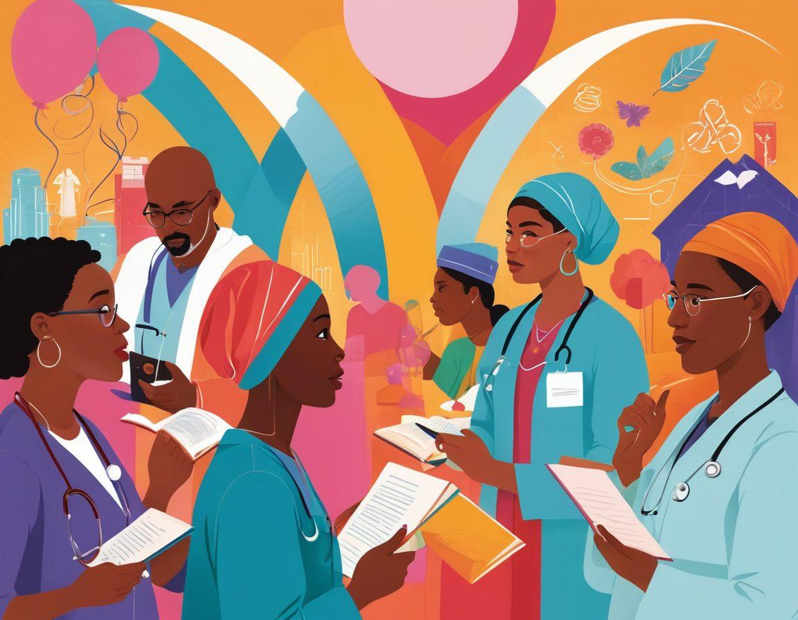 A vibrant and enlightening scene depicting a diverse group of individuals engaged in a lively discussion about cancer treatment options. Include symbols of knowledge such as books and tablets, advocacy tools like megaphones and ribbons, and an uplifting atmosphere that radiates hope and empowerment. The background features a subtle blend of hospital and community elements, signifying a bridge between healthcare and support. bright colors. vector art. uplifting atmosphere.
