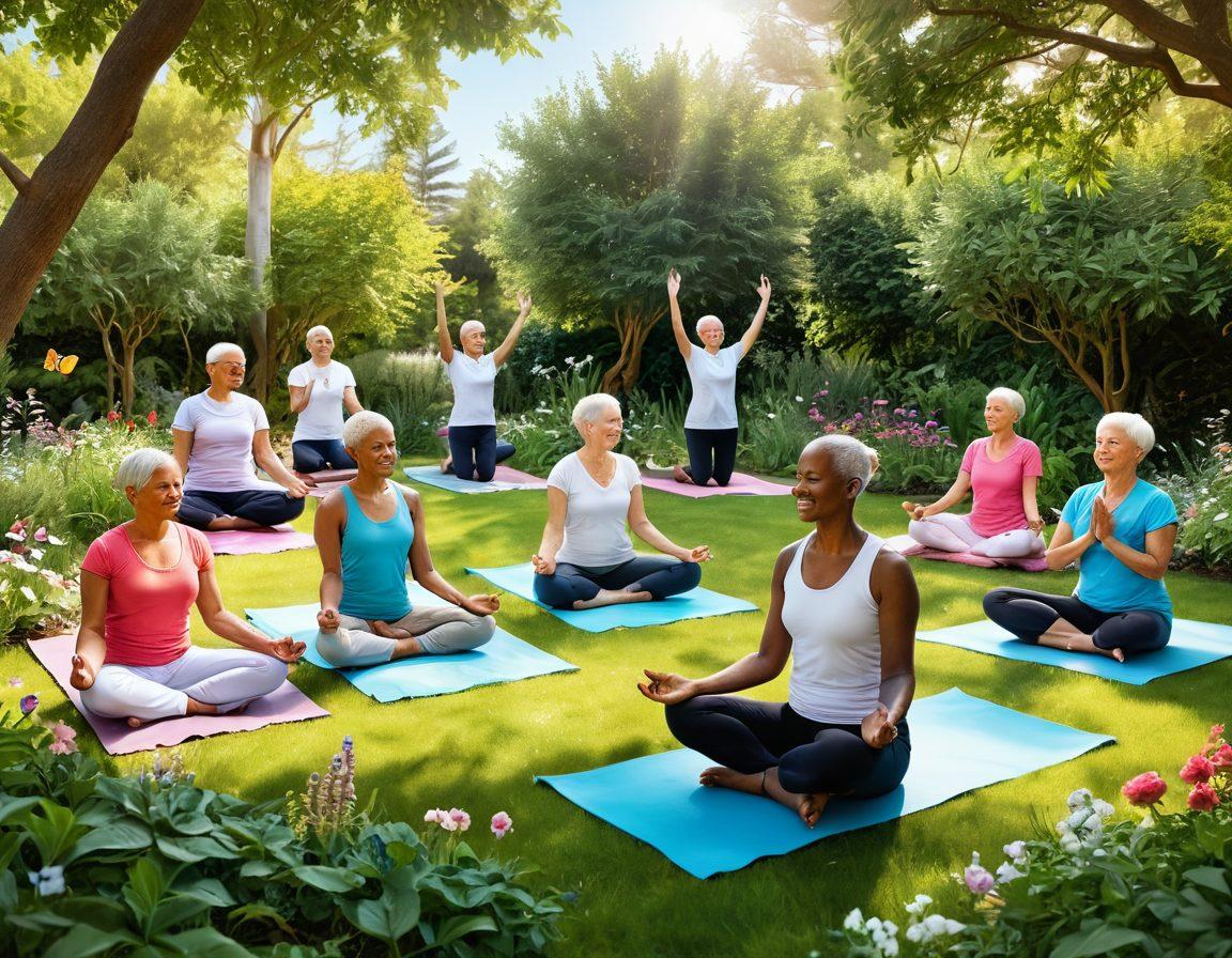 A serene and uplifting illustration featuring a diverse group of cancer patients and survivors in a vibrant garden, engaging in wellness activities such as yoga and mindfulness practice. Soft sunlight filters through the leaves, casting a warm glow on their joyful expressions. Incorporate symbols of hope, like butterflies and blooming flowers, to represent resilience and renewal. The scene should evoke a sense of community and support. super-realistic. vibrant colors. 3D.